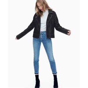 Splendid Faux Suede French Terry Moto Jacket Black White Raw Hem Sz L